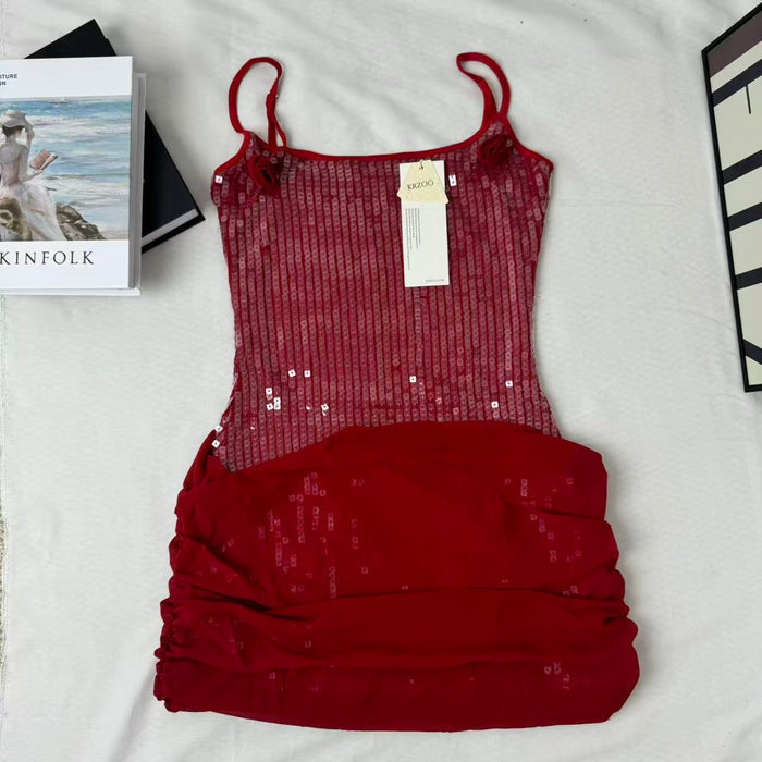 Floral-Embellished Sequin Camisole Dress