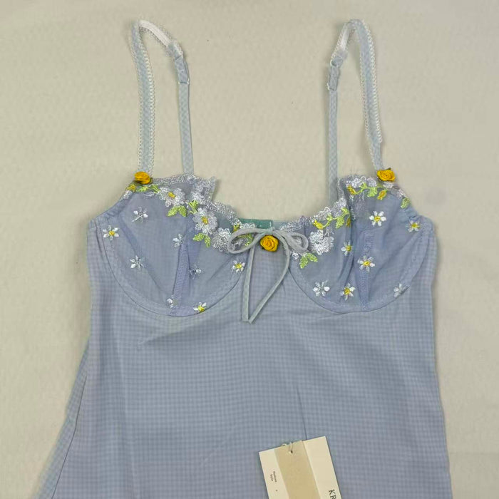 Floral embroidered lace satin bandeau dress