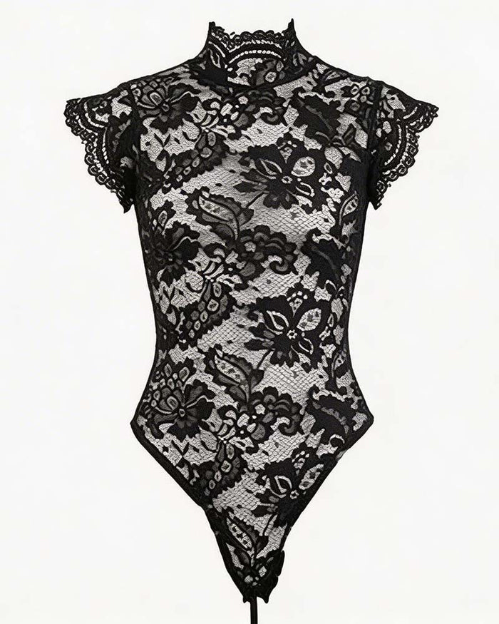 Floral Lace Bodysuit Lingerie with Crisscross Lace-Up Open Back