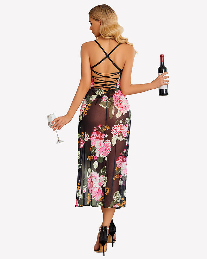 Floral Print Mesh Side Split Nightgown
