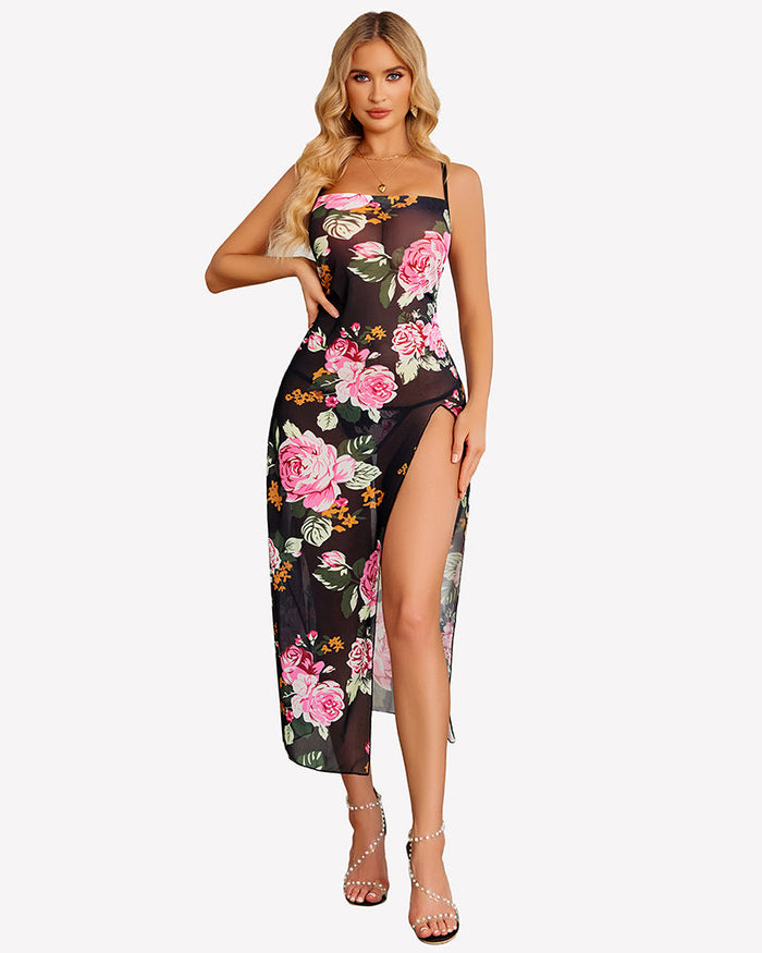 Floral Print Mesh Side Split Nightgown