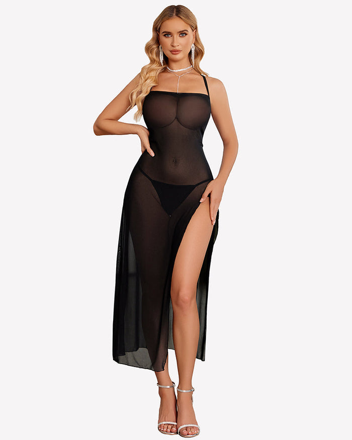 Floral Print Mesh Side Split Nightgown