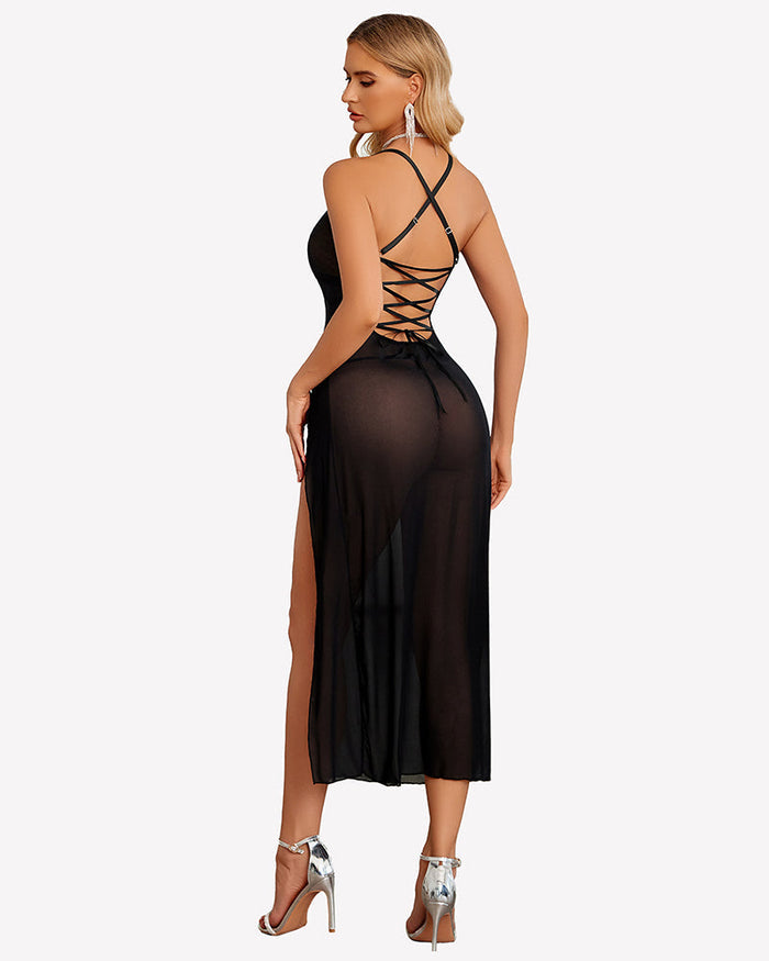Floral Print Mesh Side Split Nightgown