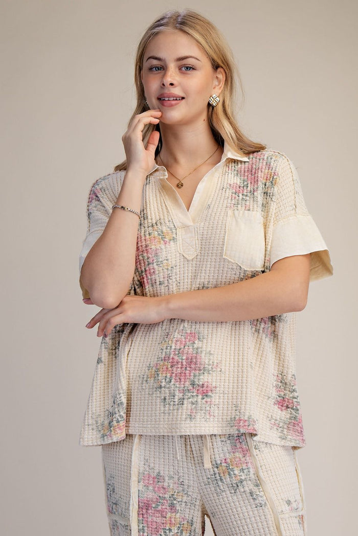 FLORAL PRINT WASHED WAFFLE TOP