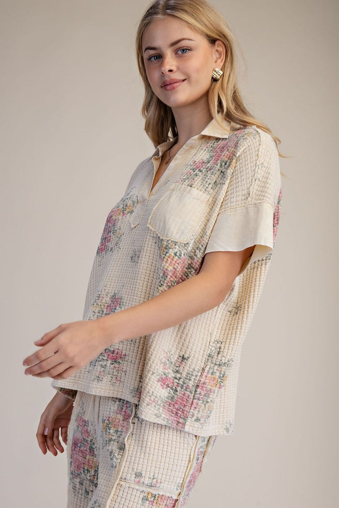 FLORAL PRINT WASHED WAFFLE TOP