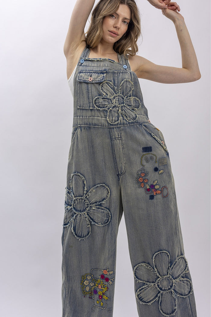 FLOWER PATCHWORK OVERSIZED DENIM OVERALLS