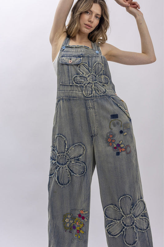 FLOWER PATCHWORK OVERSIZED DENIM OVERALLS