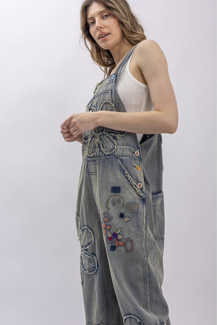 FLOWER PATCHWORK OVERSIZED DENIM OVERALLS