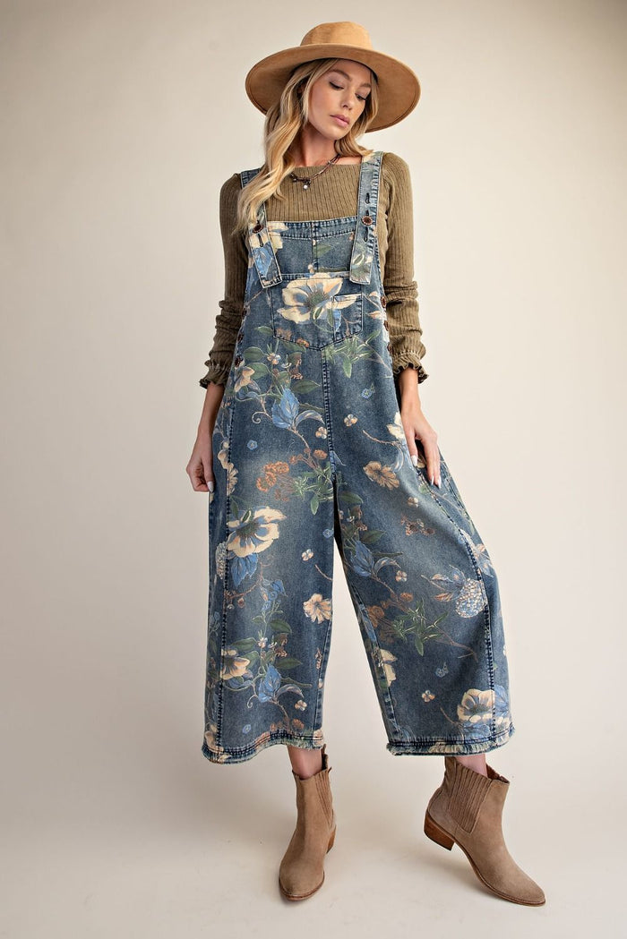 FLOWER PRINTED WASHED DENIM OVERALLS