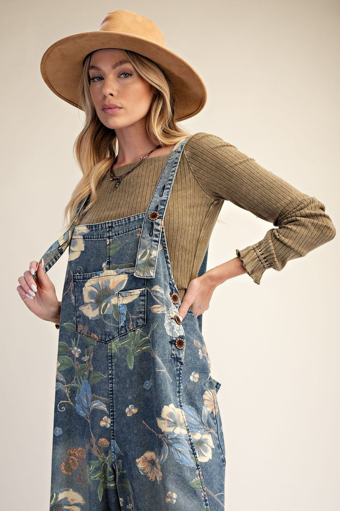 FLOWER PRINTED WASHED DENIM OVERALLS