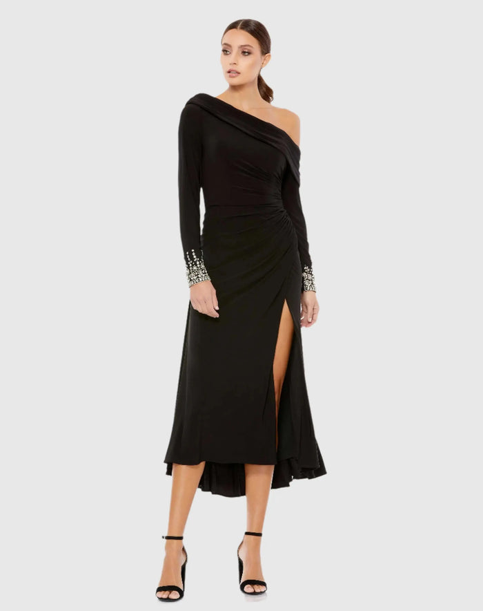 Black Foldover Long Sleeve Jeweled Midi Dress - Ieena for Mac Duggal