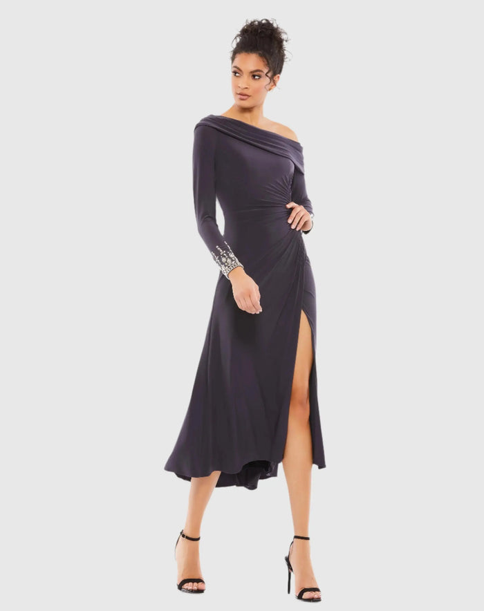 Purple Foldover Long Sleeve Jeweled Midi Dress - Ieena for Mac Duggal