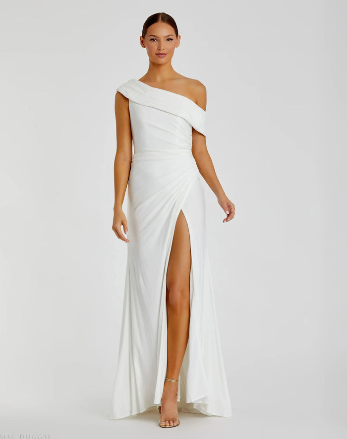 White Foldover Off-the-Shoulder Slit Gown - Mac Duggal