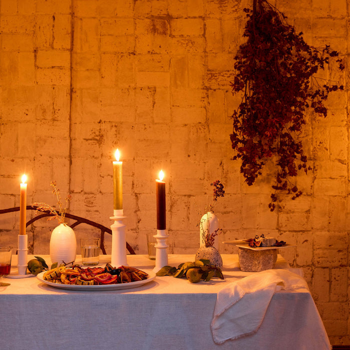 Fringed Linen Tablecloth — in a styled setting