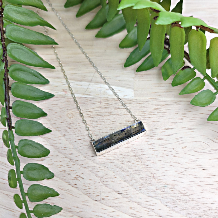 Gemstone Bar Bezel Setting sterling silver Necklace (Lapis Lazuli, Labradorite, Rainbow Moonstone)