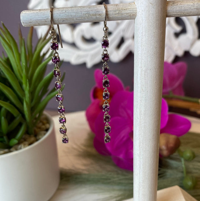 Gemstone Faceted Strand sterling silver Dangle Earrings (2-3”)