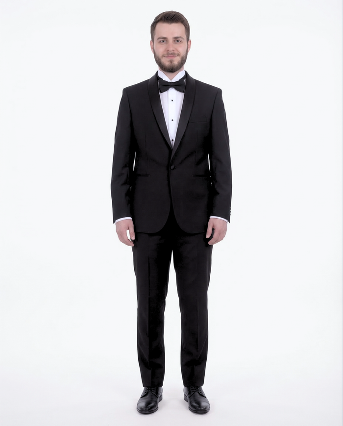 Gino Vitale Slim Fit Solid Black One Button Tuxedo Suit With Satin Shawl Lapels