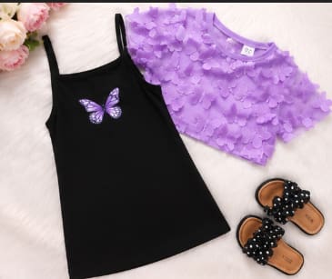 Girls Black Butterfly Dress Set with Purple Mesh Crop Top, 7 Years