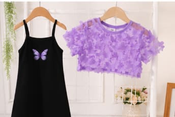 Girls Black Butterfly Dress Set with Purple Mesh Crop Top, 7 Years