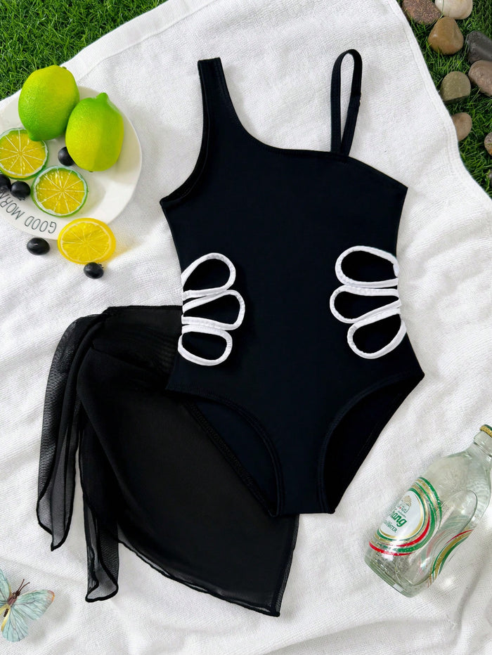 Girls Black One Shoulder Swimsuit with Sheer Cover-Up Skirt, Cut-Out Side Beachwear Set