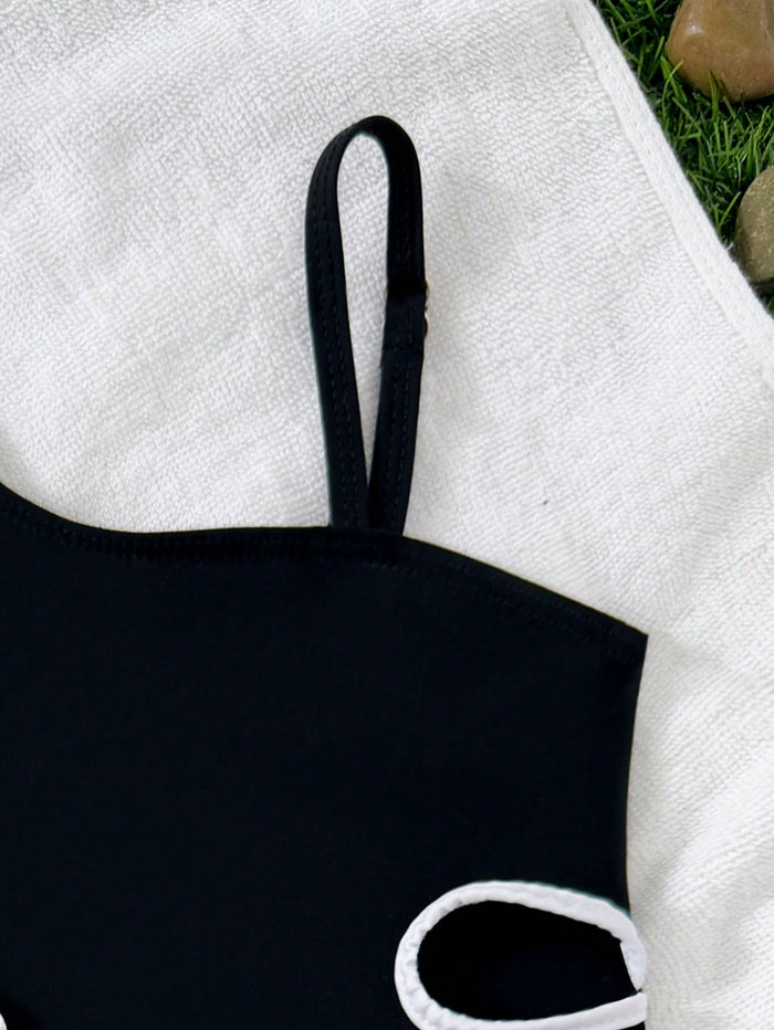 Girls Black One Shoulder Swimsuit with Sheer Cover-Up Skirt, Cut-Out Side Beachwear Set