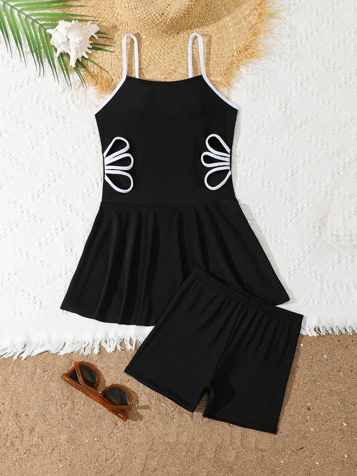 Girls Black Skirted Swimsuit Set, Strappy Swim Dress with Matching Shorts and White Side Details