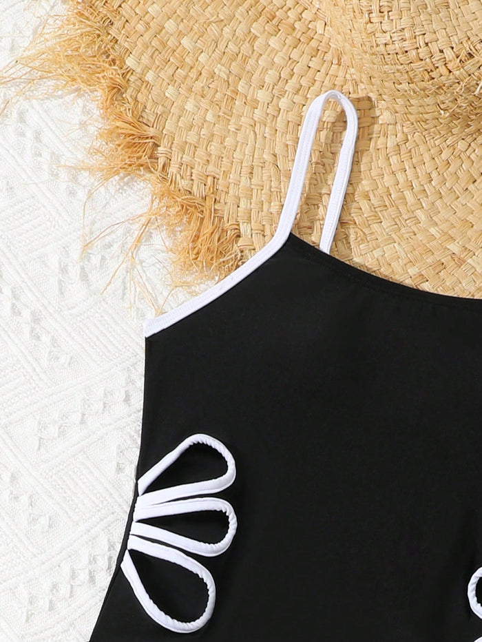 Girls Black Skirted Swimsuit Set, Strappy Swim Dress with Matching Shorts and White Side Details