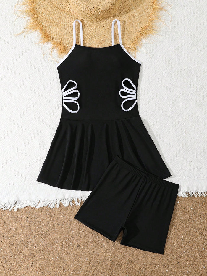 Girls Black Skirted Swimsuit Set, Strappy Swim Dress with Matching Shorts and White Side Details
