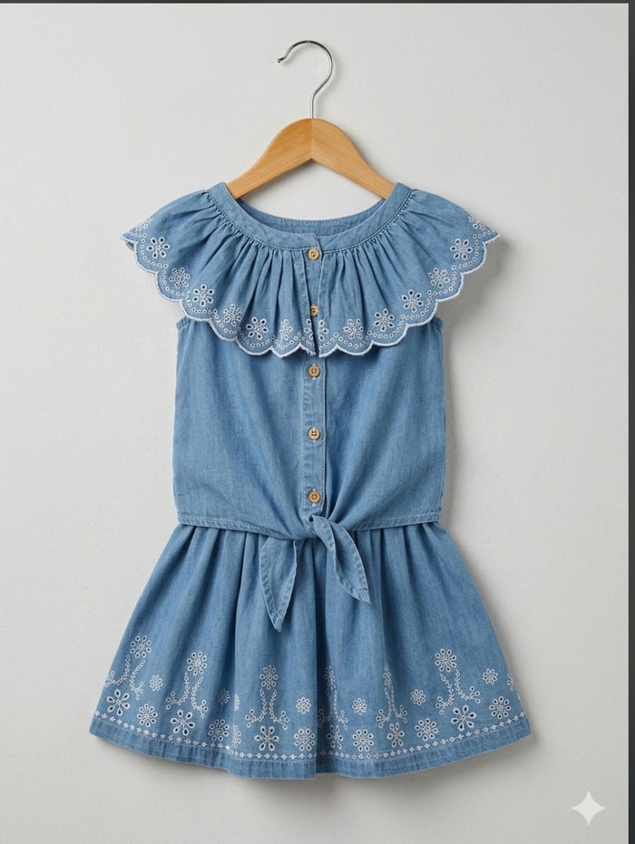 Girls Blue Denim Embroidered Dress – Sleeveless Button-Up Summer Dress, Fast Delivery in 5 Days