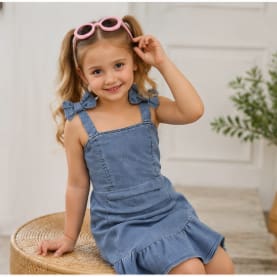 Girls Blue Denim Ruffle Dress with Bow Shoulder Straps, 5 Years