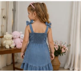 Girls Blue Denim Ruffle Dress with Bow Shoulder Straps, 5 Years