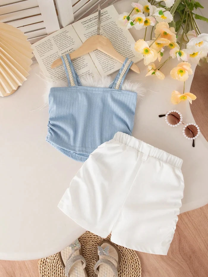 Girls Blue Faux Fur Bow Top & White Shorts Set