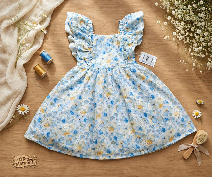 Girls Blue Floral Ruffle Dress – Sleeveless Summer Party Dress, Fast Delivery in 5 Days