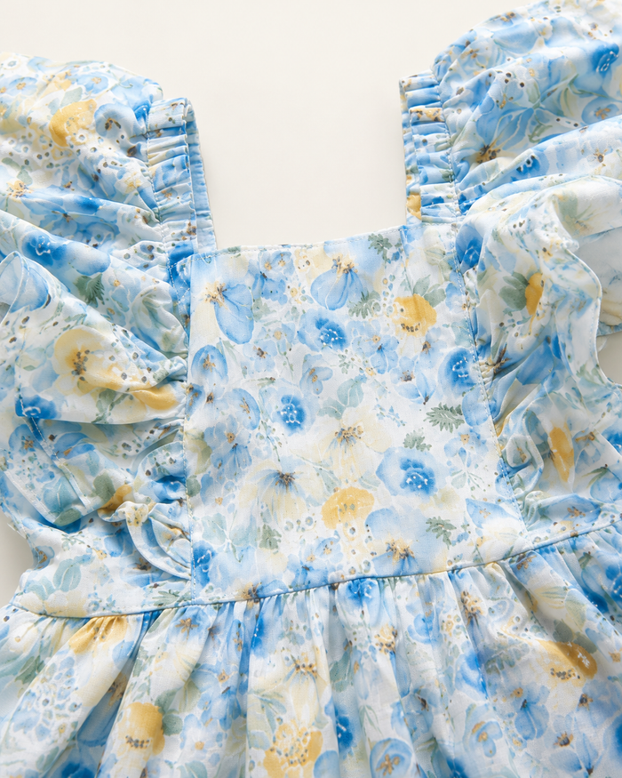 Girls Blue Floral Ruffle Dress – Sleeveless Summer Party Dress, Fast Delivery in 5 Days