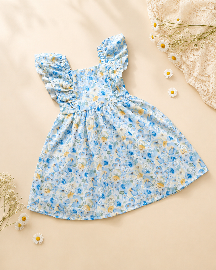 Girls Blue Floral Ruffle Dress – Sleeveless Summer Party Dress, Fast Delivery in 5 Days