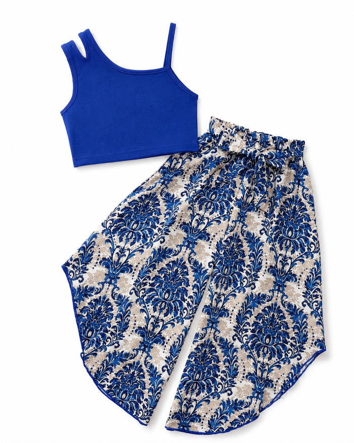 Girls Blue One-Shoulder Top and Printed Wide-Leg Pants Set – SHEIN Fast Delivery in 5 Days