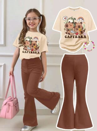 Girls Capybara T-Shirt and Brown Flared Pants Set – SHEIN Fast Delivery in 5 Days