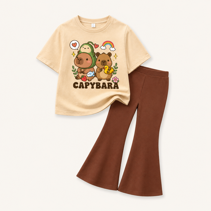Girls Capybara T-Shirt and Brown Flared Pants Set – SHEIN Fast Delivery in 5 Days