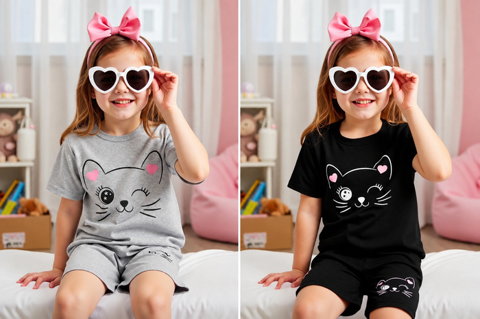 Girls Cat Print Pajama Set with Shorts, Cute Summer Sleepwear Set, Available in Gray and Black