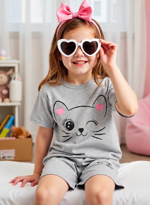 Girls Cat Print Pajama Set with Shorts, Cute Summer Sleepwear Set, Available in Gray and Black