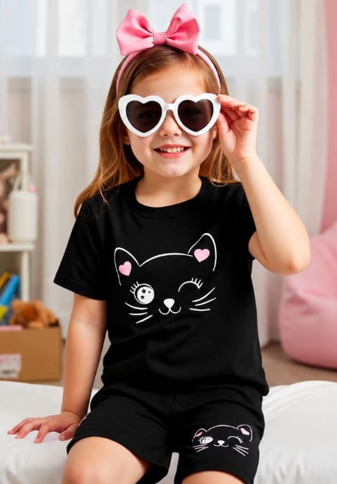 Girls Cat Print Pajama Set with Shorts, Cute Summer Sleepwear Set, Available in Gray and Black