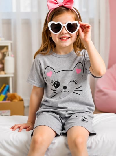 Girls Cat Print Pajama Set with Shorts, Cute Summer Sleepwear Set, Available in Gray and Black
