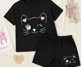Girls Cat Print Pajama Set with Shorts, Cute Summer Sleepwear Set, Available in Gray and Black