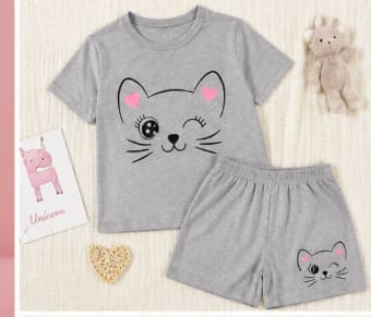 Girls Cat Print Pajama Set with Shorts, Cute Summer Sleepwear Set, Available in Gray and Black