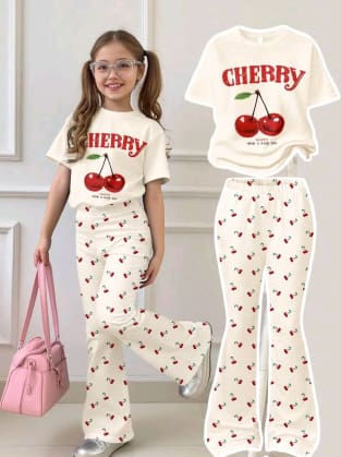 Girls Cherry Graphic T-Shirt and Flared Pants Set – SHEIN Fast Delivery in 5 Days