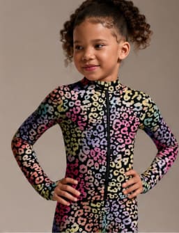Girls Colorful Leopard Print Sports Set – Long Sleeve Zip Top & Leggings Activewear