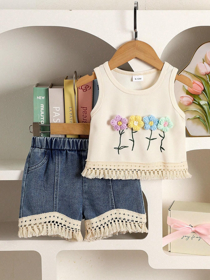 Girls Cream Flower Embroidery Top & Denim Shorts