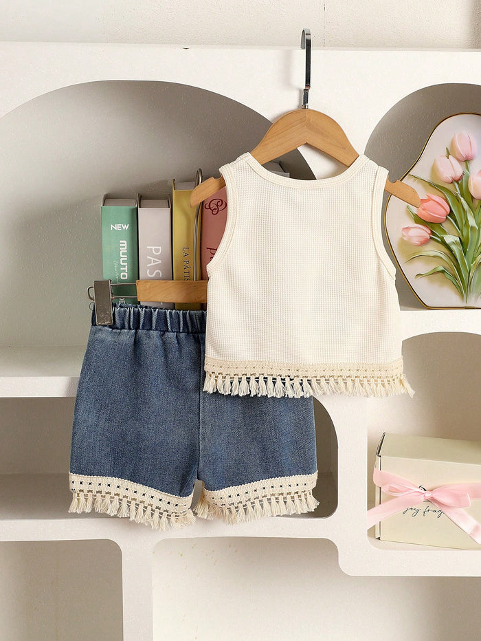 Girls Cream Flower Embroidery Top & Denim Shorts