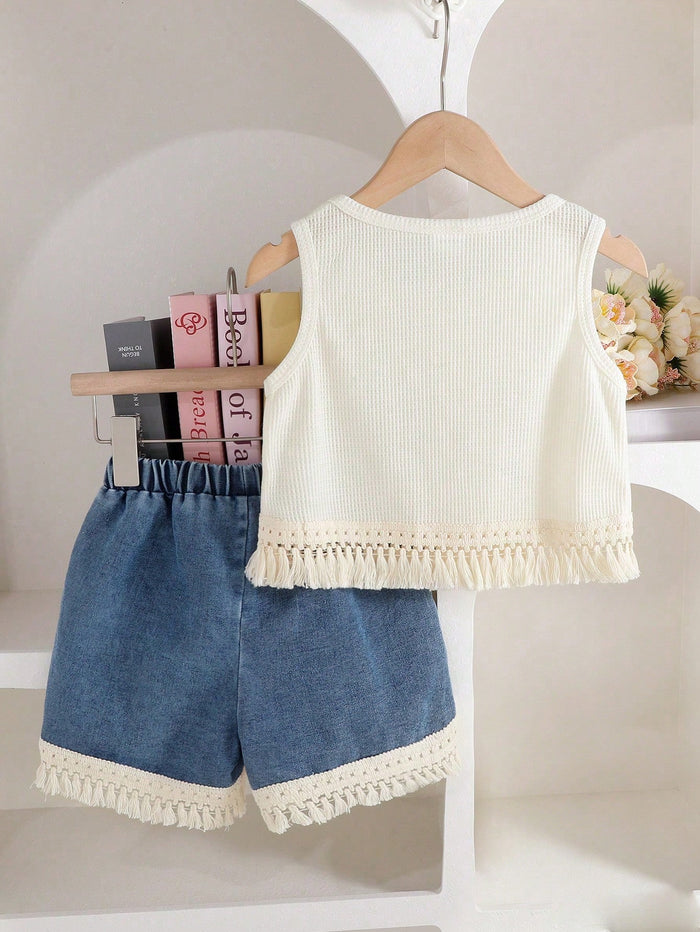 Girls Cream Flower Embroidery Top & Denim Shorts