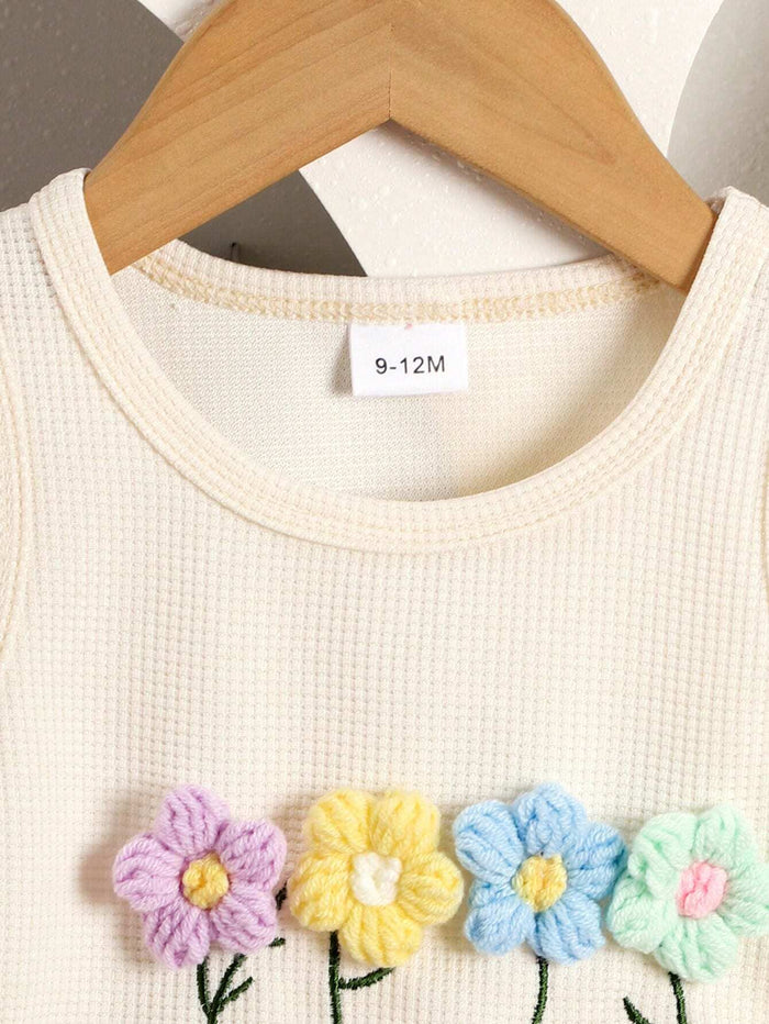 Girls Cream Flower Embroidery Top & Denim Shorts